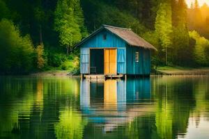 ein Blau Haus sitzt auf das Kante von ein See. KI-generiert foto