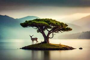 ein Hirsch steht auf ein Insel im das Mitte von ein See. KI-generiert foto