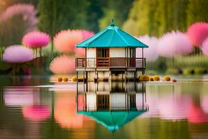 ein klein Haus sitzt auf oben von ein See umgeben durch Rosa Blumen. KI-generiert foto