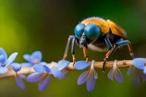 ein Biene mit Blau Augen Sitzung auf ein Blume. KI-generiert foto