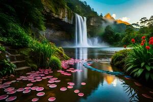 schön Wasserfall im das Urwald mit Blumen und Wasser Lilien. KI-generiert foto