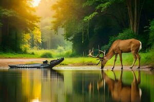 ein Hirsch und ein Boot sind Stehen im das Wasser. KI-generiert foto
