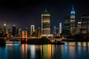 das Stadt Horizont beim Nacht mit ein Brücke Über Wasser. KI-generiert foto