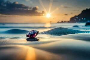 ein Diamant ist gesehen auf das Strand beim Sonnenuntergang. KI-generiert foto