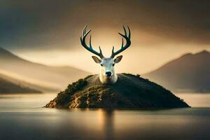 ein Hirsch ist Stehen auf oben von ein klein Insel im das Mitte von ein See. KI-generiert foto