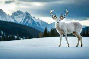 ein Weiß Hirsch steht im das Schnee mit Berge im das Hintergrund. KI-generiert foto