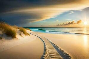 das Strand, Sand, Dünen, Fußspuren, das Sonne, das Meer, das Himmel,. KI-generiert foto