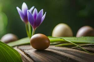 Eier und ein lila Krokus auf ein hölzern Tisch. KI-generiert foto