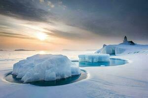 Eis Schollen sind gesehen im das Wasser beim Sonnenuntergang. KI-generiert foto