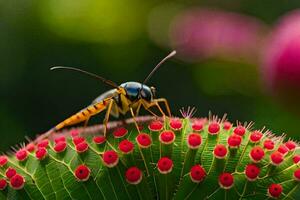 ein Wespe ist Sitzung auf oben von ein Kaktus Blume. KI-generiert foto