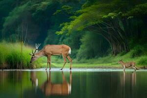 ein Hirsch und ihr Kitz sind Trinken Wasser im das Wald. KI-generiert foto