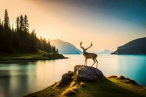 das Hirsch ist Stehen auf das Kante von das See. KI-generiert foto