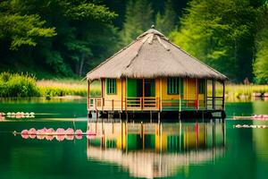 ein klein Hütte sitzt auf das Kante von ein See. KI-generiert foto