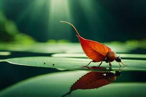 ein Käfer auf ein Blatt im das Wasser. KI-generiert foto