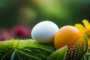 zwei Eier sind Sitzung auf oben von ein Grün Pflanze. KI-generiert foto