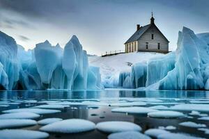 Eisberge und ein Kirche im das Arktis. KI-generiert foto