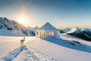 ein Hirsch steht im Vorderseite von ein klein Haus auf ein schneebedeckt Berg. KI-generiert foto