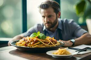 ein Mann Sitzung beim ein Tabelle mit ein Teller von Spaghetti. KI-generiert foto