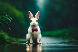 ein Weiß Hase tragen ein Bogen Krawatte Sitzung auf das Boden. KI-generiert foto