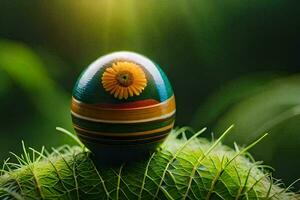ein Ostern Ei mit ein Sonnenblume auf oben. KI-generiert foto