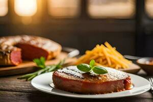 gegrillt Steak auf ein Teller mit Fritten und ein Seite von Käse. KI-generiert foto