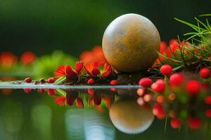 ein Stein ist Sitzung auf das Kante von ein Teich mit rot Blumen. KI-generiert foto