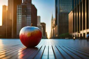 ein Apfel sitzt auf ein hölzern Fußboden im Vorderseite von hoch Gebäude. KI-generiert foto