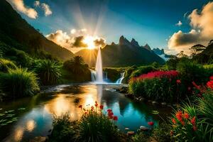 das Sonne scheint Über ein Wasserfall und Blumen im das Vordergrund. KI-generiert foto