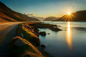 das Sonne scheint Über ein Straße und ein See im das Berge. KI-generiert foto