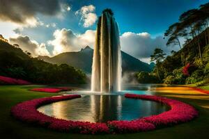 das Wasserfall im das Mitte von das Garten. KI-generiert foto