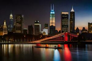 das Stadt Horizont beim Nacht mit ein Brücke Über Wasser. KI-generiert foto