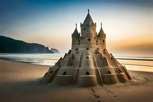 ein Sand Schloss auf das Strand beim Sonnenuntergang. KI-generiert foto