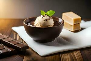 Schokolade Eis Sahne mit Minze Blätter und Schokolade Riegel auf ein hölzern Tisch. KI-generiert foto