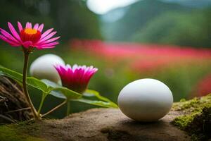 zwei Weiß Eier sind Sitzung auf ein Felsen mit Rosa Blumen. KI-generiert foto