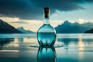 ein Flasche von Blau Flüssigkeit Sitzung auf das Wasser. KI-generiert foto