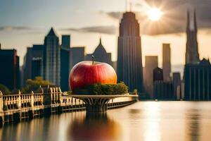 ein Apfel ist Sitzung auf ein Seebrücke im Vorderseite von ein Stadt. KI-generiert foto