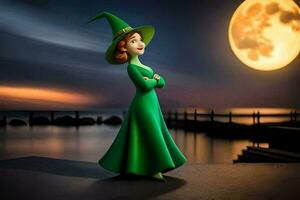 ein Frau im ein Grün Hexe Hut steht auf ein Seebrücke mit das Mond im das Hintergrund. KI-generiert foto