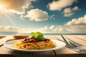 Spaghetti auf ein Teller mit Gabel und Messer auf ein hölzern Tisch. KI-generiert foto