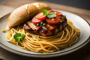 ein Teller mit Spaghetti und Fleisch auf Es. KI-generiert foto