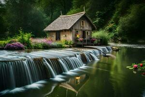 das Haus ist umgeben durch Wasserfälle und Blumen. KI-generiert foto