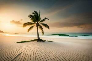 ein Palme Baum auf ein Strand beim Sonnenuntergang. KI-generiert foto
