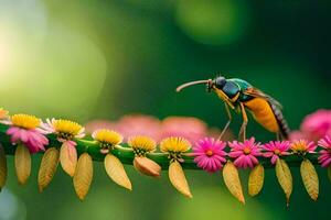 ein Wespe ist thront auf ein Blume Stengel. KI-generiert foto