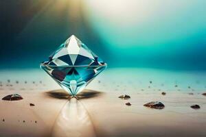 ein Diamant ist gezeigt auf ein Tabelle mit Wasser Tröpfchen. KI-generiert foto