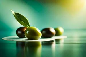 Oliven auf ein Tabelle mit ein Blatt. KI-generiert foto