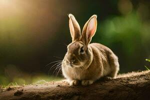 ein Hase Sitzung auf ein Log im das Sonne. KI-generiert foto