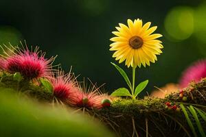 ein Single Gelb Blume ist wachsend auf ein moosig Ast. KI-generiert foto