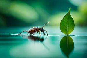 ein Fehler auf ein Blatt im das Wasser. KI-generiert foto