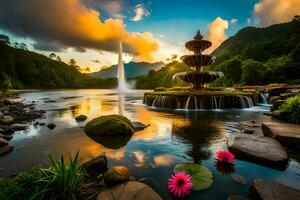 ein schön Sonnenuntergang Über ein Teich mit Wasser Lilien. KI-generiert foto