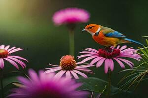 ein bunt Vogel sitzt auf oben von etwas Rosa Blumen. KI-generiert foto