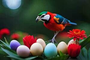 ein bunt Vogel ist thront auf oben von bunt Eier. KI-generiert foto